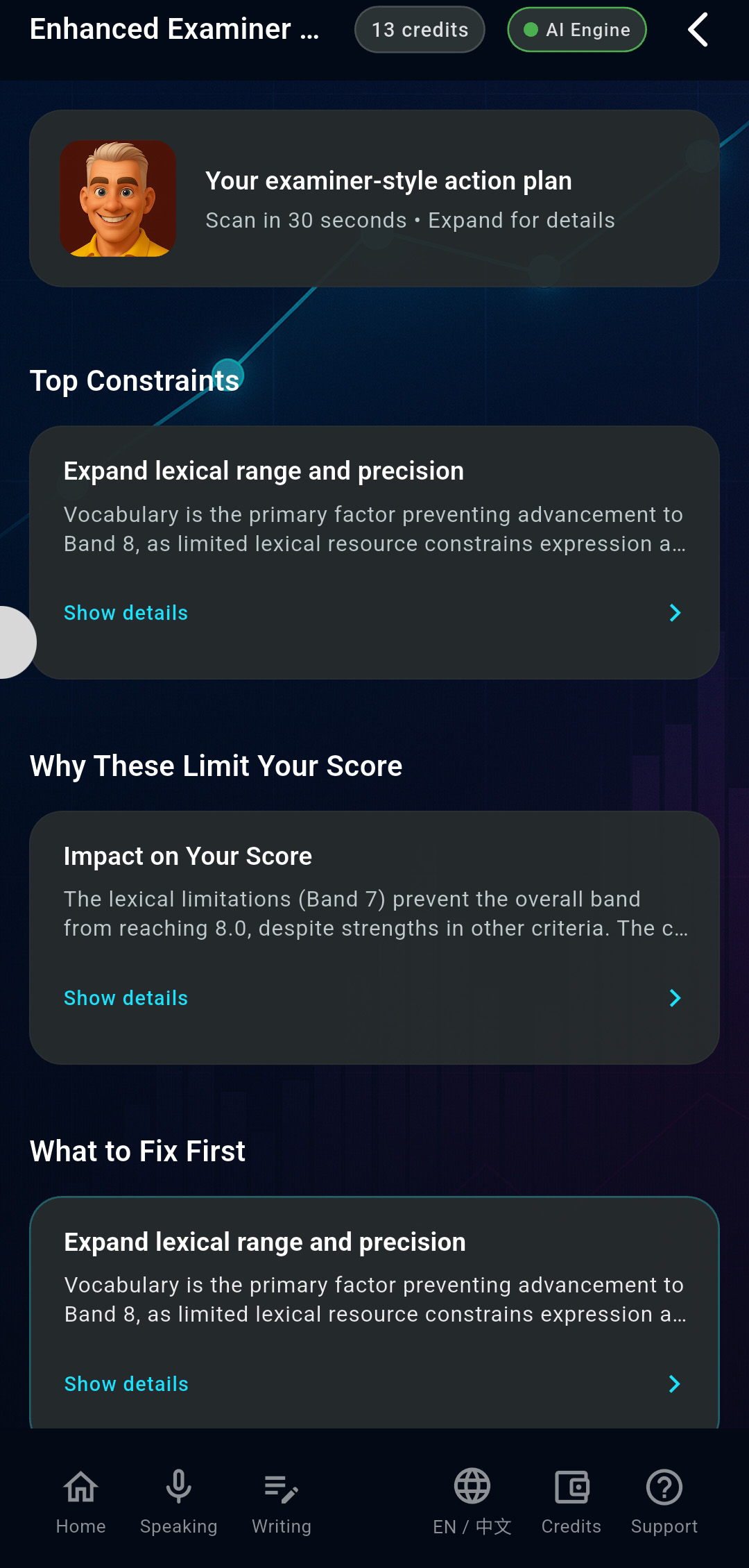 AIELTS examiner-style IELTS band analysis report